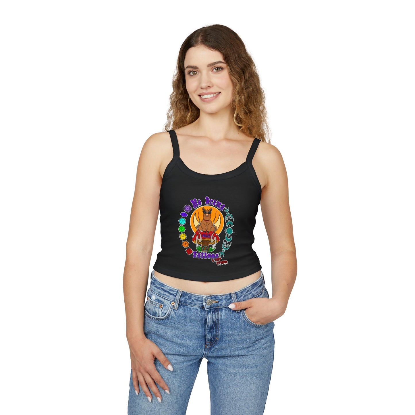 NO DRAMAM TATTOOS logo Women's Spaghetti Strap Tank Top, Creative Graphic Tee, Summer Fashion, Festival Wear, Gift for Artists