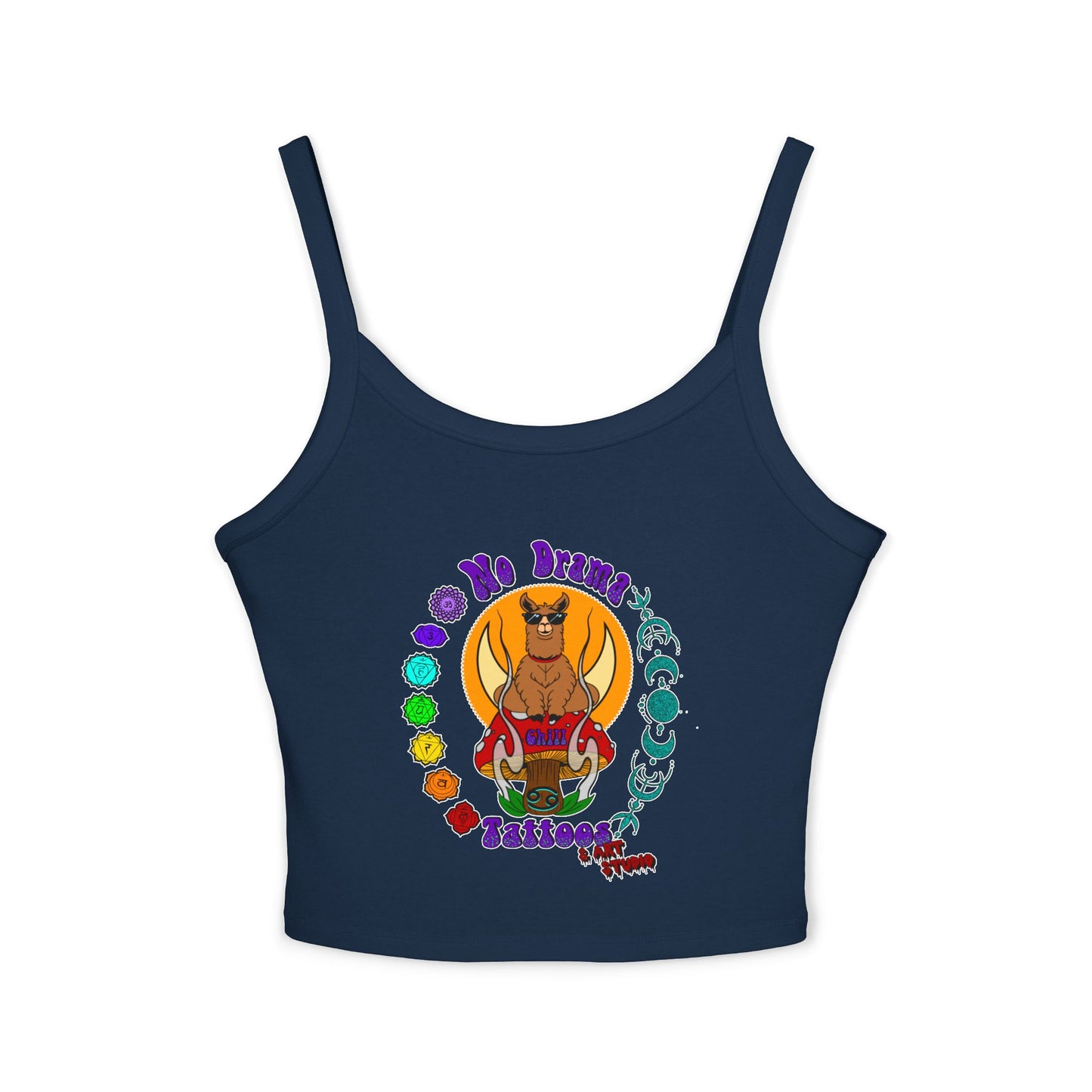 NO DRAMAM TATTOOS logo Women's Spaghetti Strap Tank Top, Creative Graphic Tee, Summer Fashion, Festival Wear, Gift for Artists