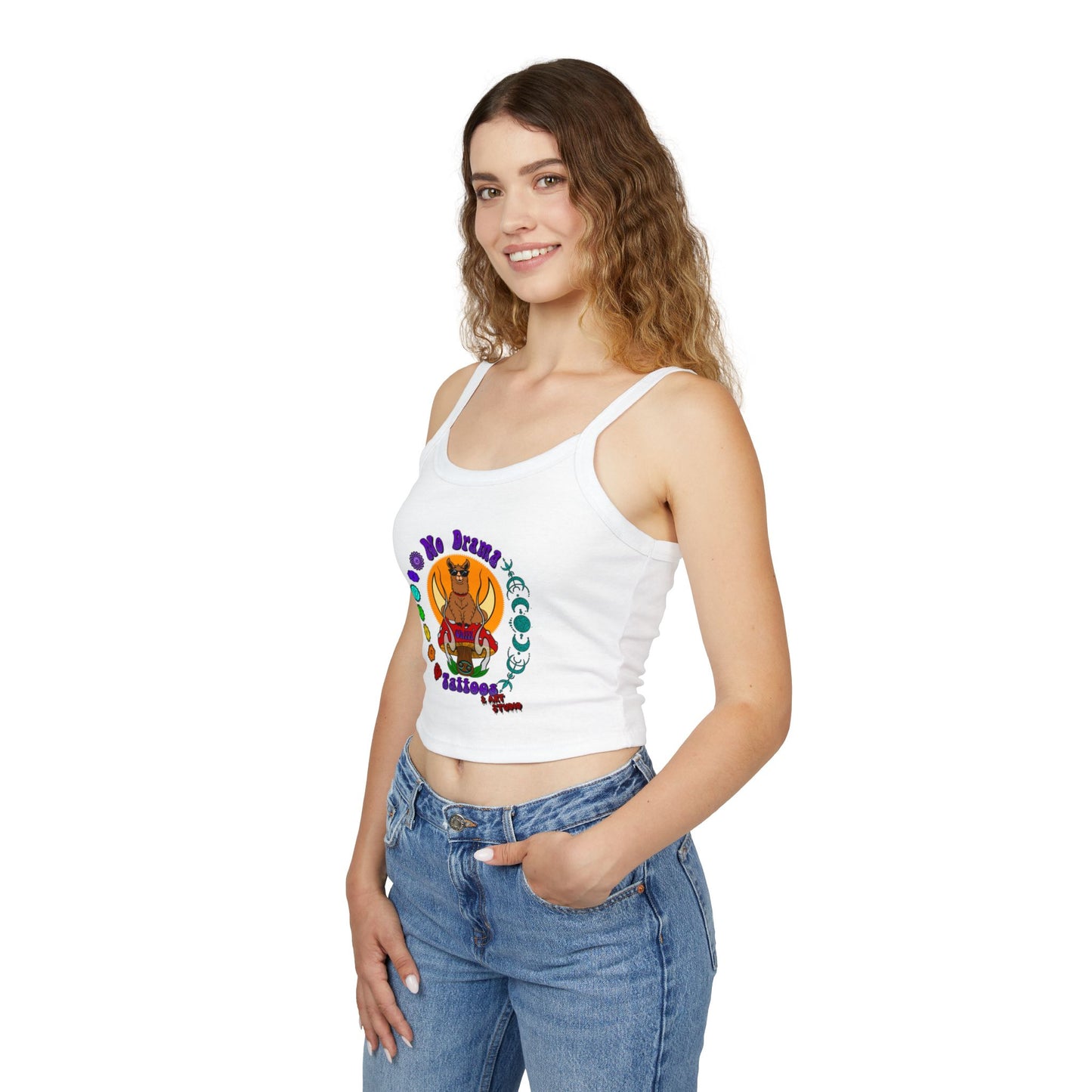 NO DRAMAM TATTOOS logo Women's Spaghetti Strap Tank Top, Creative Graphic Tee, Summer Fashion, Festival Wear, Gift for Artists