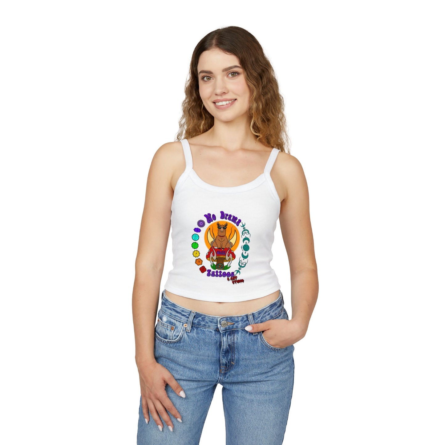 NO DRAMAM TATTOOS logo Women's Spaghetti Strap Tank Top, Creative Graphic Tee, Summer Fashion, Festival Wear, Gift for Artists