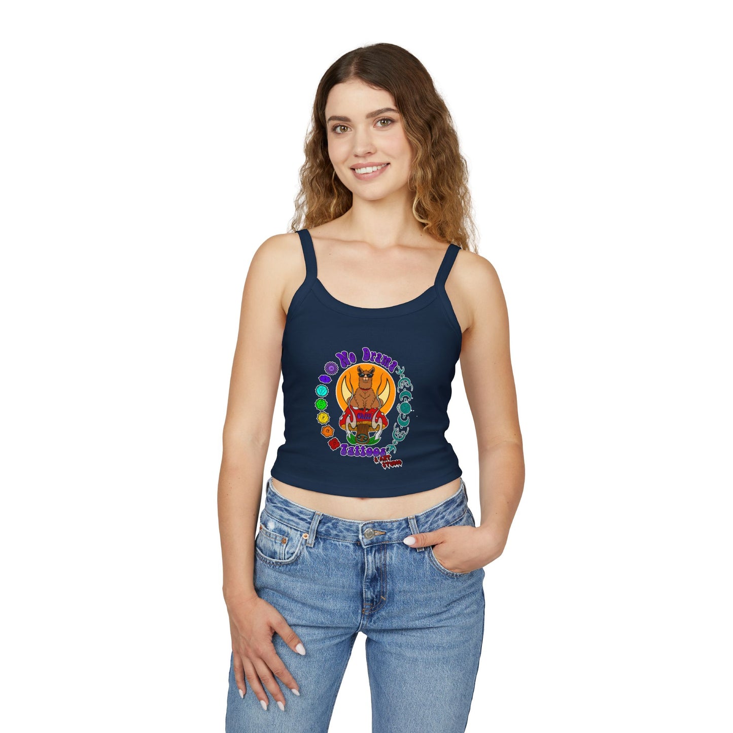 NO DRAMAM TATTOOS logo Women's Spaghetti Strap Tank Top, Creative Graphic Tee, Summer Fashion, Festival Wear, Gift for Artists