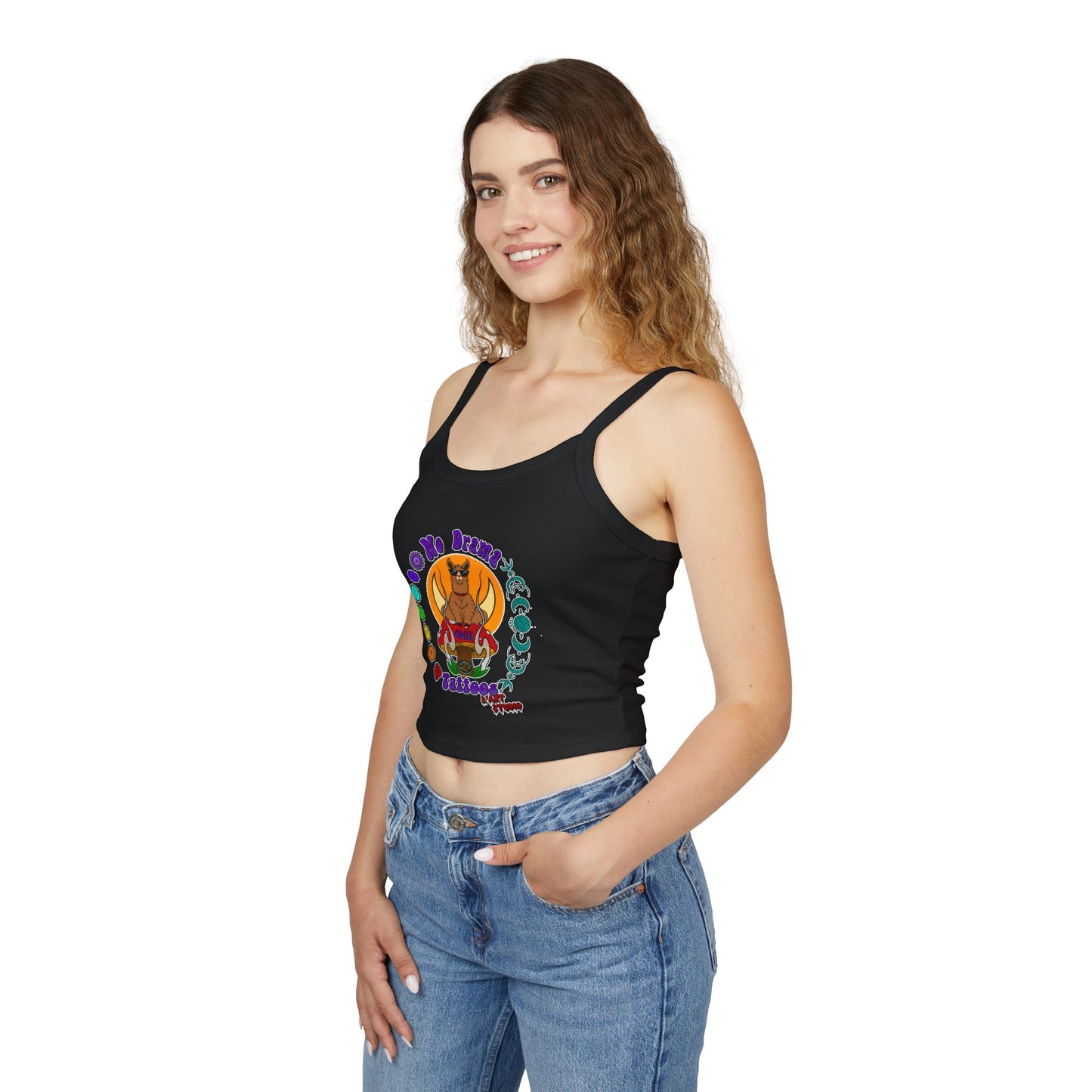 NO DRAMAM TATTOOS logo Women's Spaghetti Strap Tank Top, Creative Graphic Tee, Summer Fashion, Festival Wear, Gift for Artists