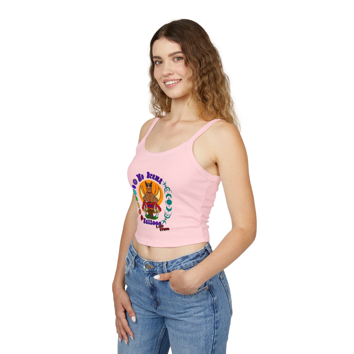 NO DRAMAM TATTOOS logo Women's Spaghetti Strap Tank Top, Creative Graphic Tee, Summer Fashion, Festival Wear, Gift for Artists