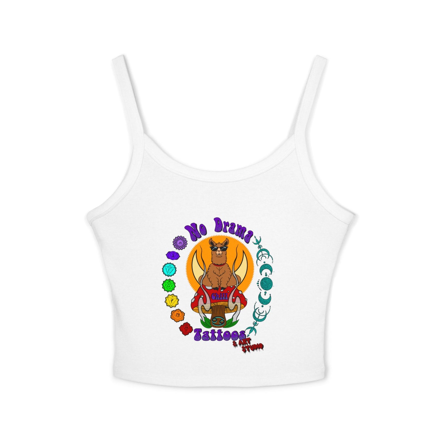 NO DRAMAM TATTOOS logo Women's Spaghetti Strap Tank Top, Creative Graphic Tee, Summer Fashion, Festival Wear, Gift for Artists