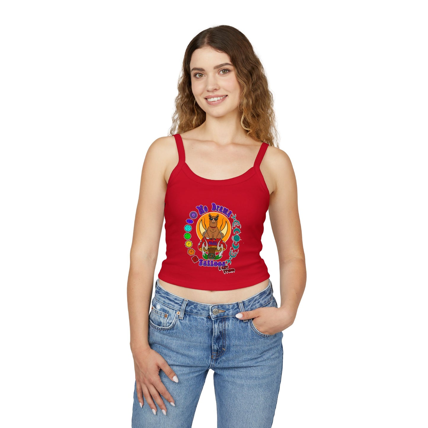 NO DRAMAM TATTOOS logo Women's Spaghetti Strap Tank Top, Creative Graphic Tee, Summer Fashion, Festival Wear, Gift for Artists