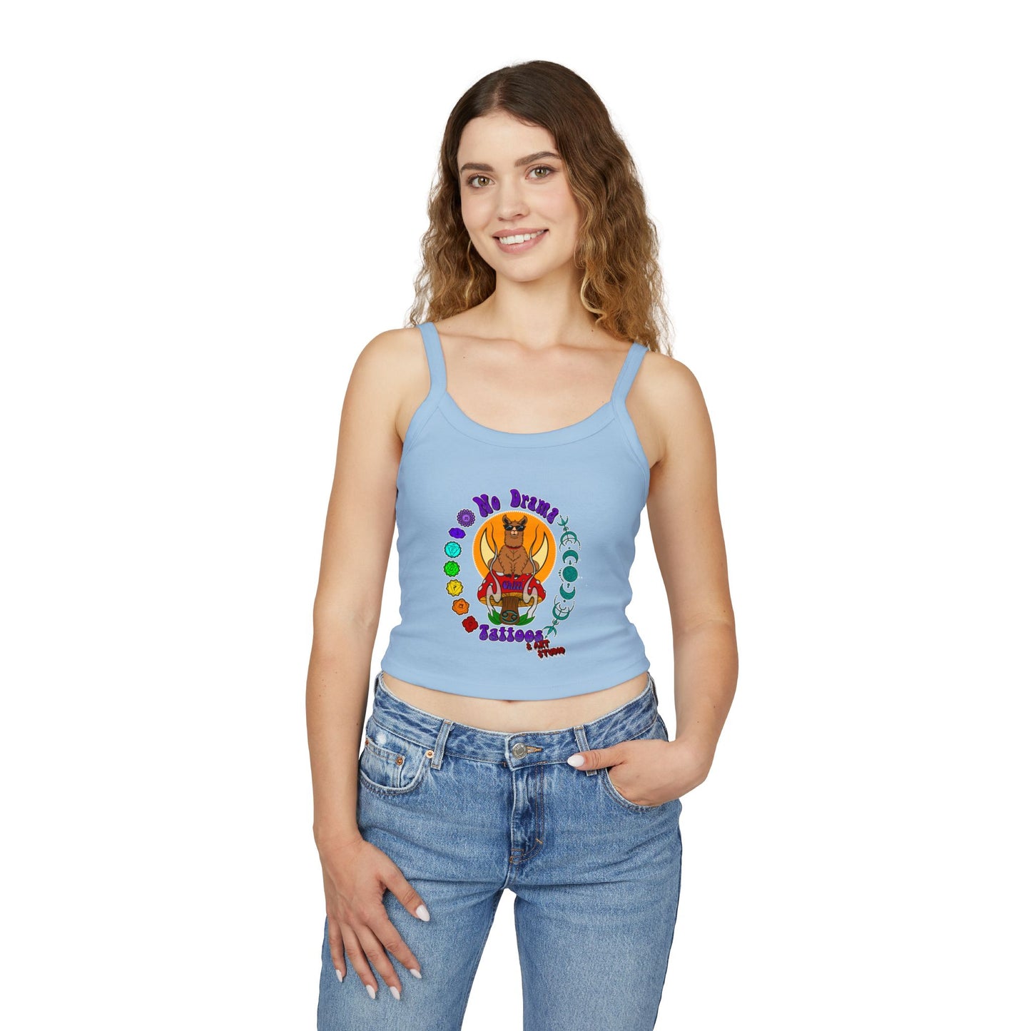 NO DRAMAM TATTOOS logo Women's Spaghetti Strap Tank Top, Creative Graphic Tee, Summer Fashion, Festival Wear, Gift for Artists