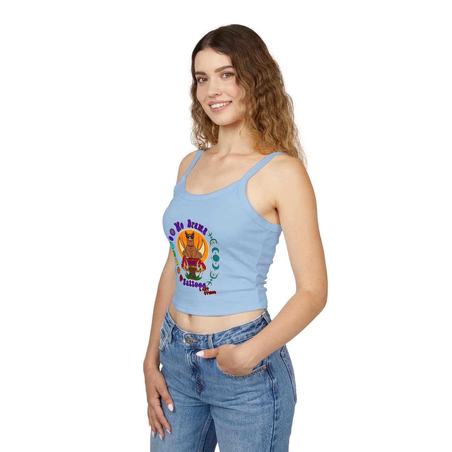 NO DRAMAM TATTOOS logo Women's Spaghetti Strap Tank Top, Creative Graphic Tee, Summer Fashion, Festival Wear, Gift for Artists