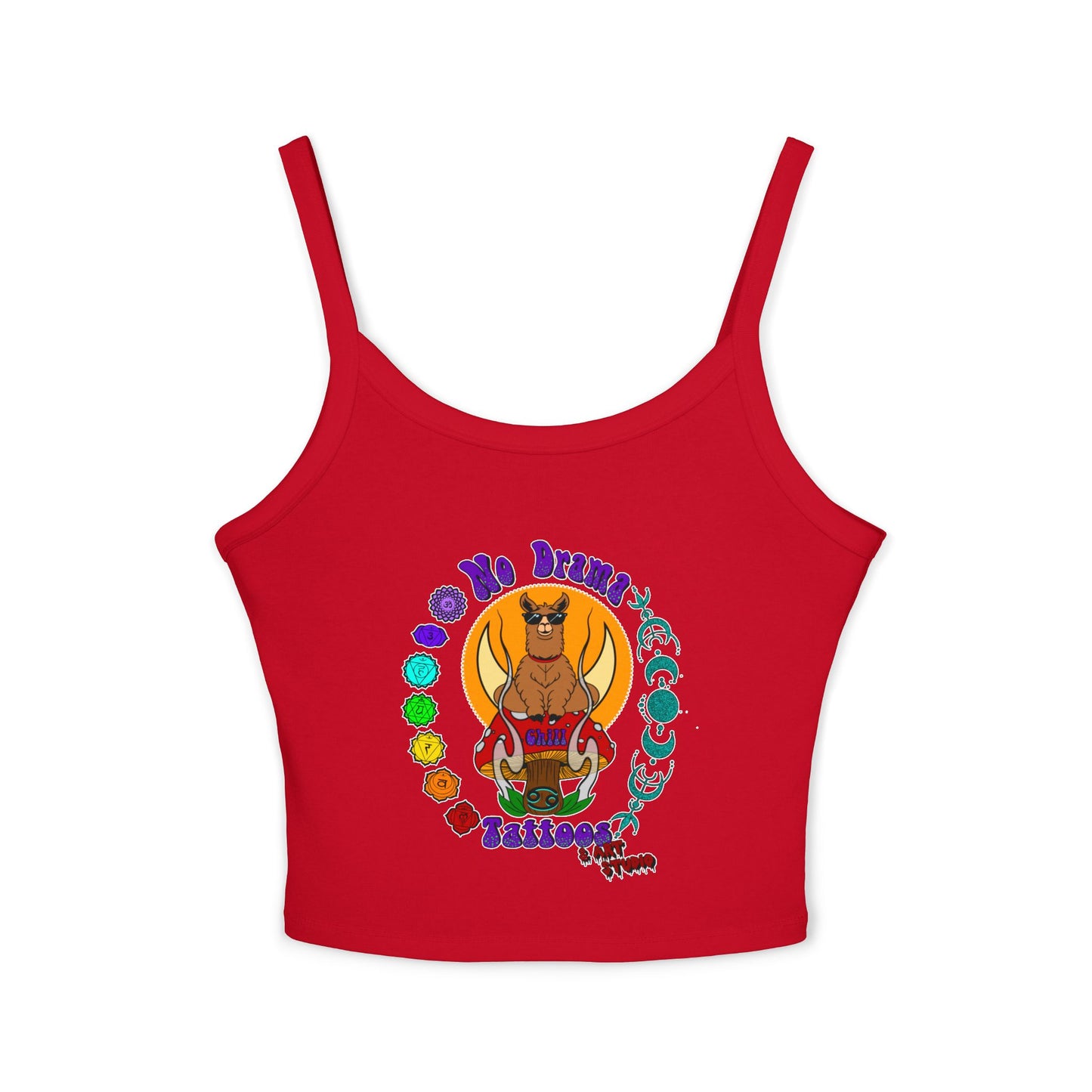 NO DRAMAM TATTOOS logo Women's Spaghetti Strap Tank Top, Creative Graphic Tee, Summer Fashion, Festival Wear, Gift for Artists
